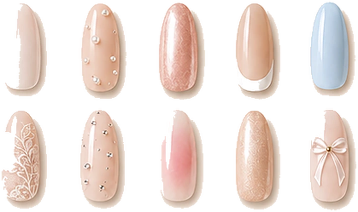 Ten curated house edit nail designs — nude, pearl accent, rose chrome, french tip, powder blue, white lace, crystal, pink ombré, glitter and satin bow