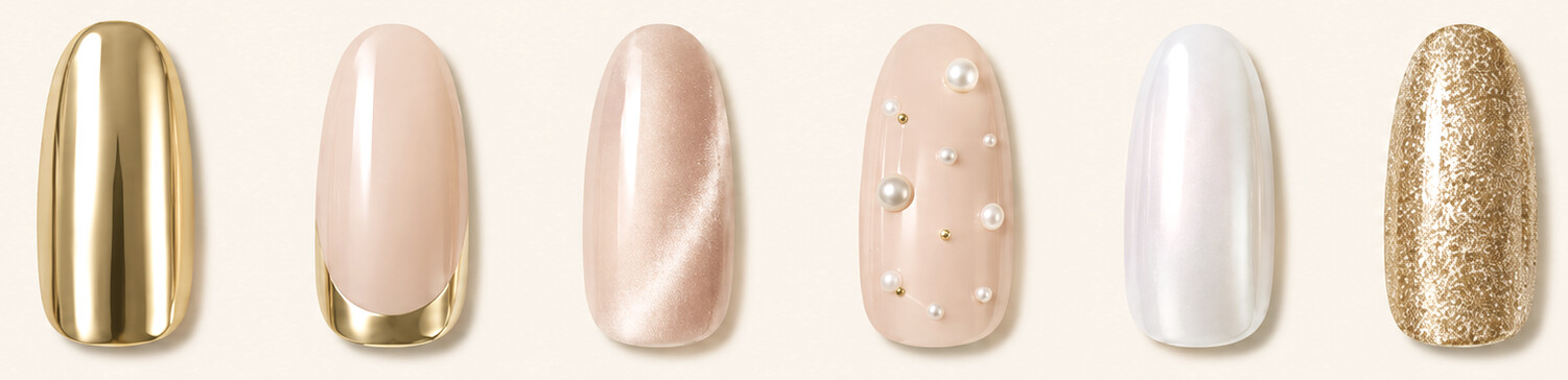 Six house edit nails: gold chrome, chrome french, nude cat eye, pearl detail, white chrome and gold glitter