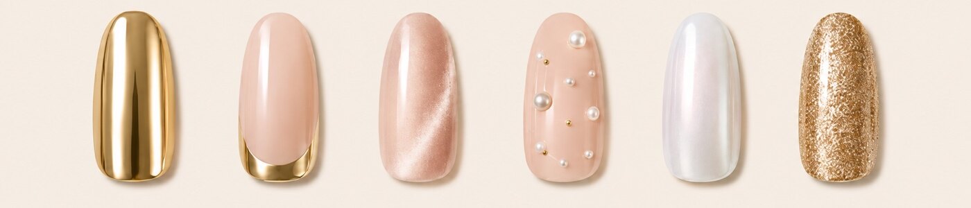 Six house edit nails: gold chrome, chrome french, nude cat eye, pearl detail, white chrome and gold glitter