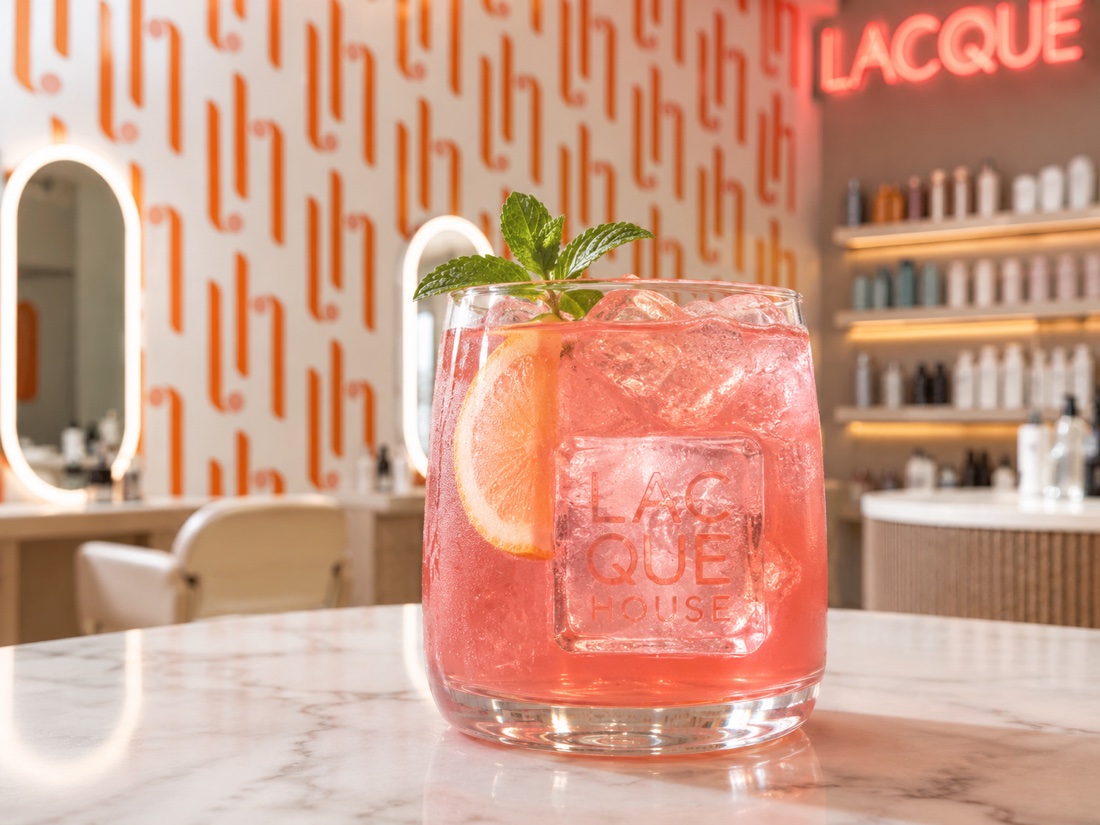 Lacque House engraved glass with a pink spritz, lemon and mint