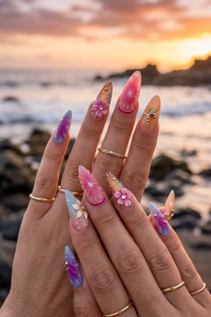 Hand-painted tropical nail art at golden hour